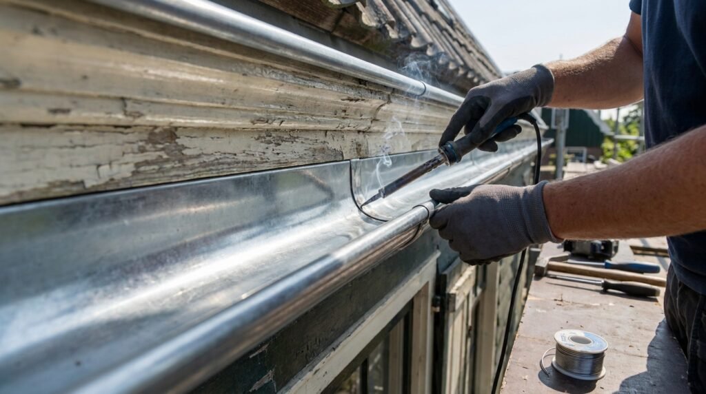 Dakdekker van ETT soldeert de naad van een nieuwe zinken dakgoot in Gouda