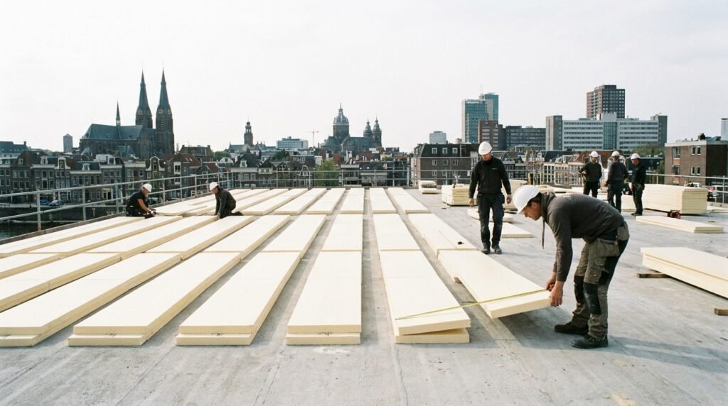 Isolatieplaten worden als warmdak aangebracht op een plat dak in Gouda