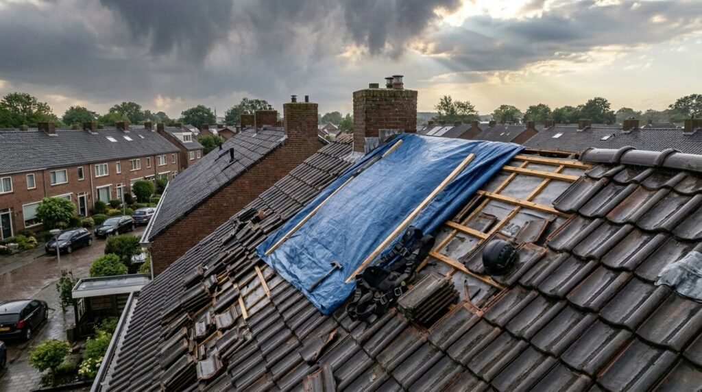 Stormschade aan een dak in Gouda na een najaarsstorm
